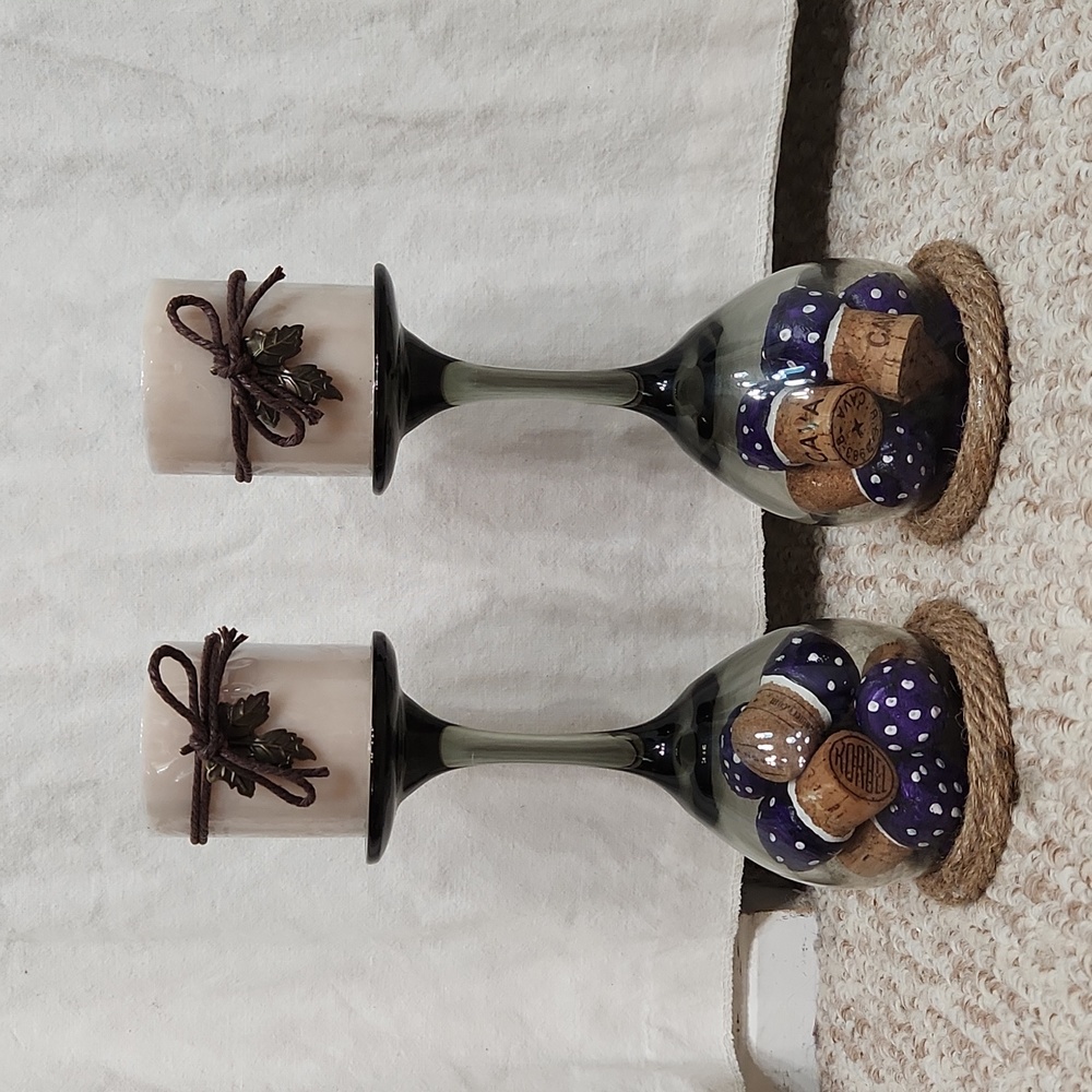 Hand Crafted Black Tinted Wine Glass 2 Candle Holders Purple Toadstools